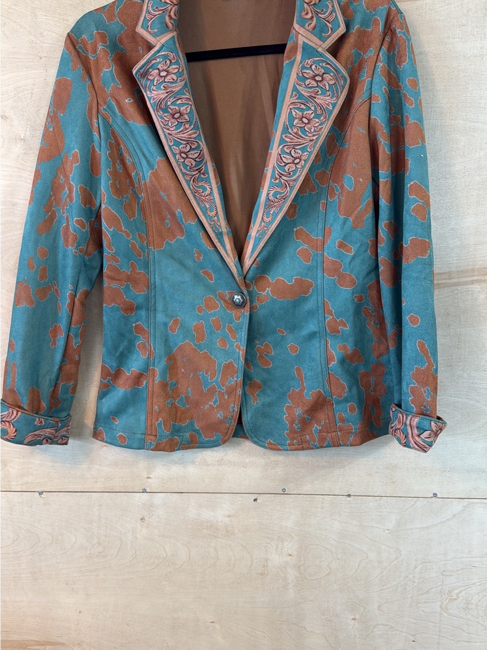 Teal and Brown Patterned Women's Blazer with Embroidered Lapel